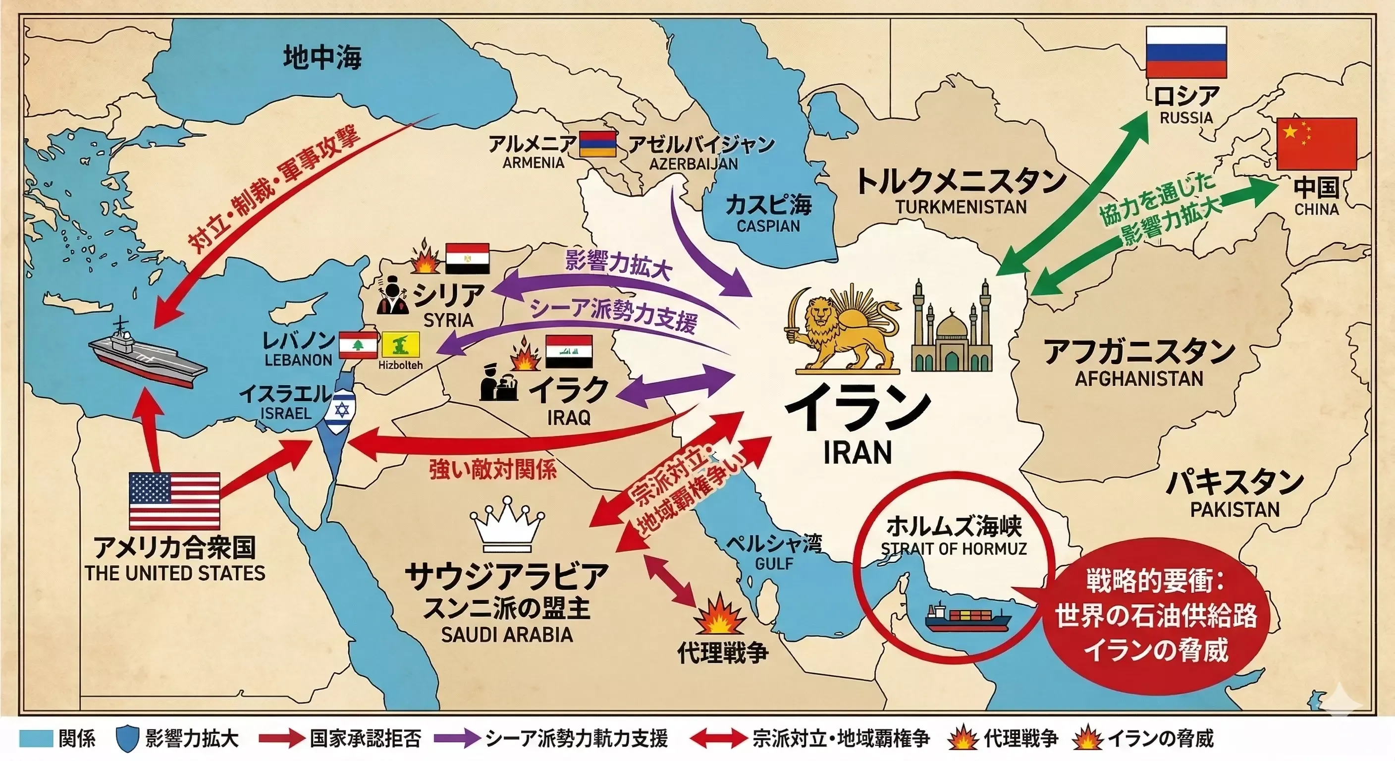 イランを中心とした中東の対立構造を示す地図。米国・ロシア・中国との関係、スンニ派・シーア派の対立、ホルムズ海峡の戦略的重要性を図解。